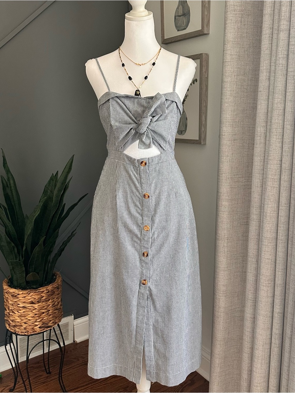 Striped Knot-Front Midi Dress in Light Gray and White